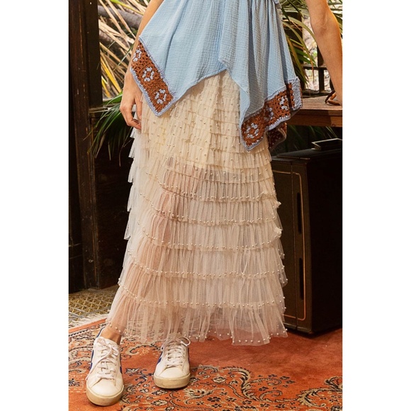 POL Cream Pearl Beaded Ruffle Tiered Tulle Maxi Skirt - Picture 5 of 11